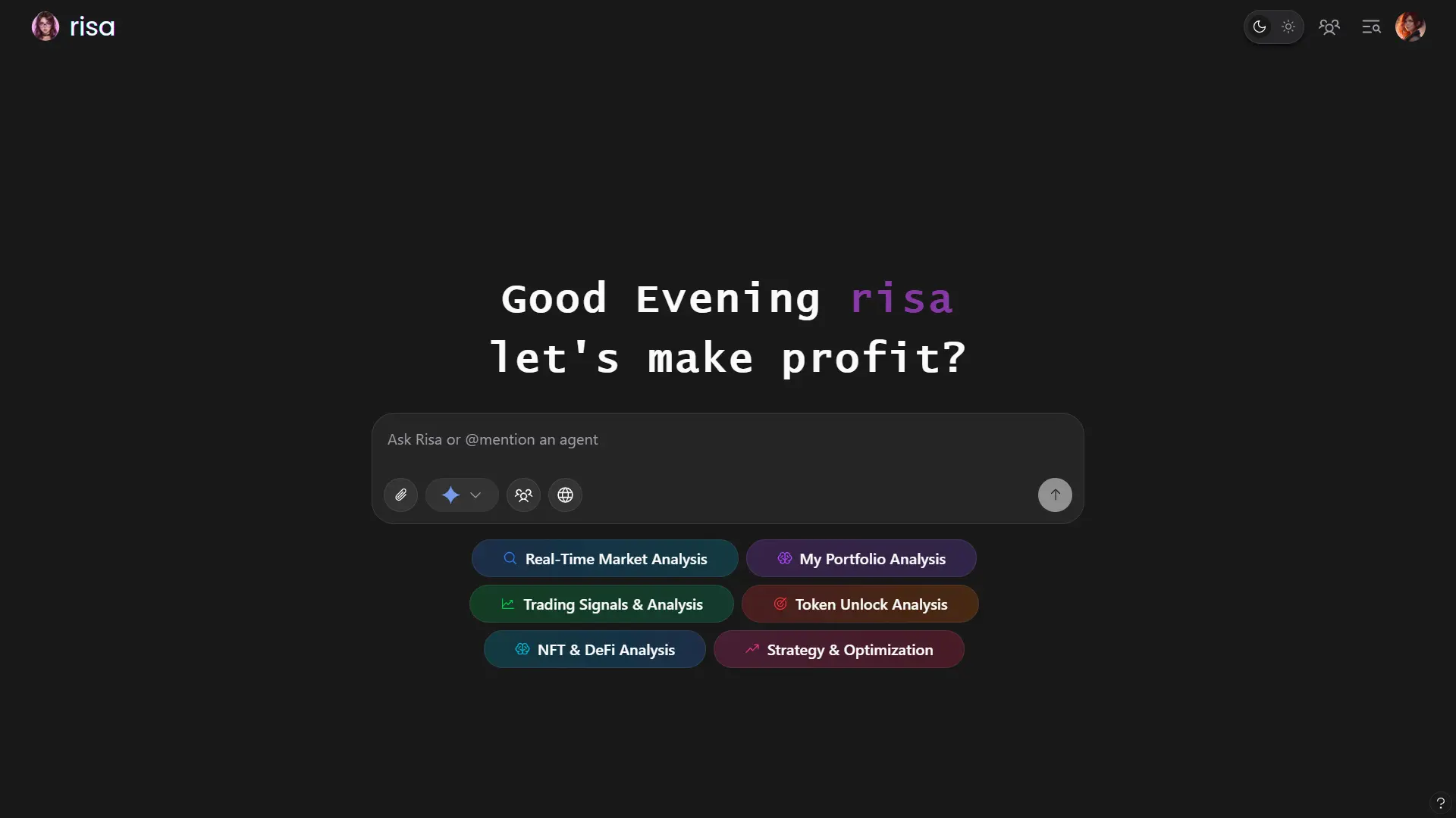 heyRISA AI crypto dashboard showing real-time market analysis